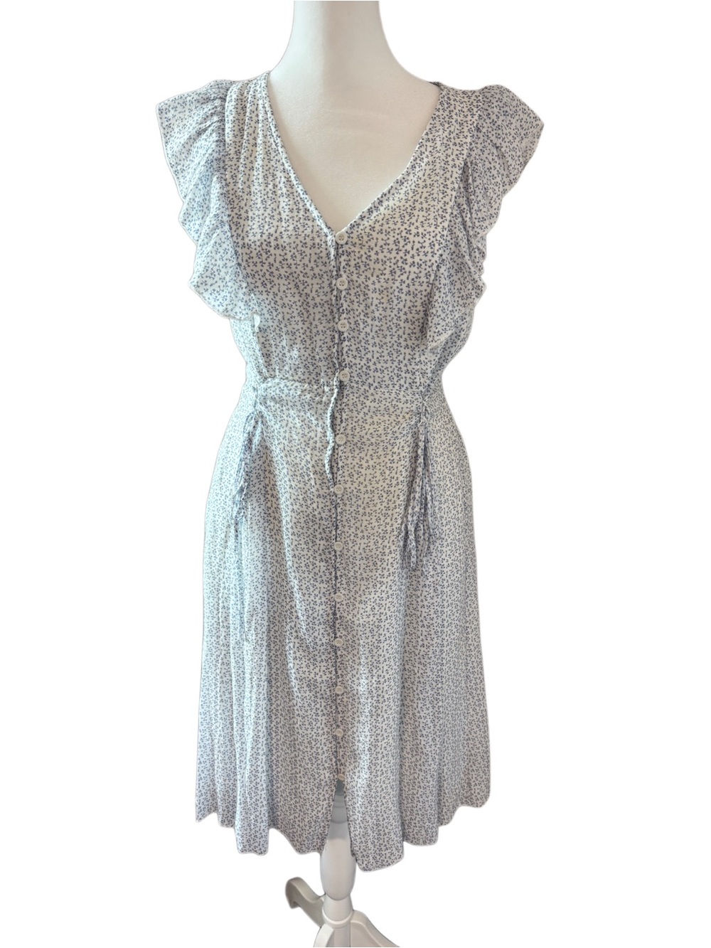 J. Gee Anthropologie Blue White Floral Ruffle Midi Dress Size S